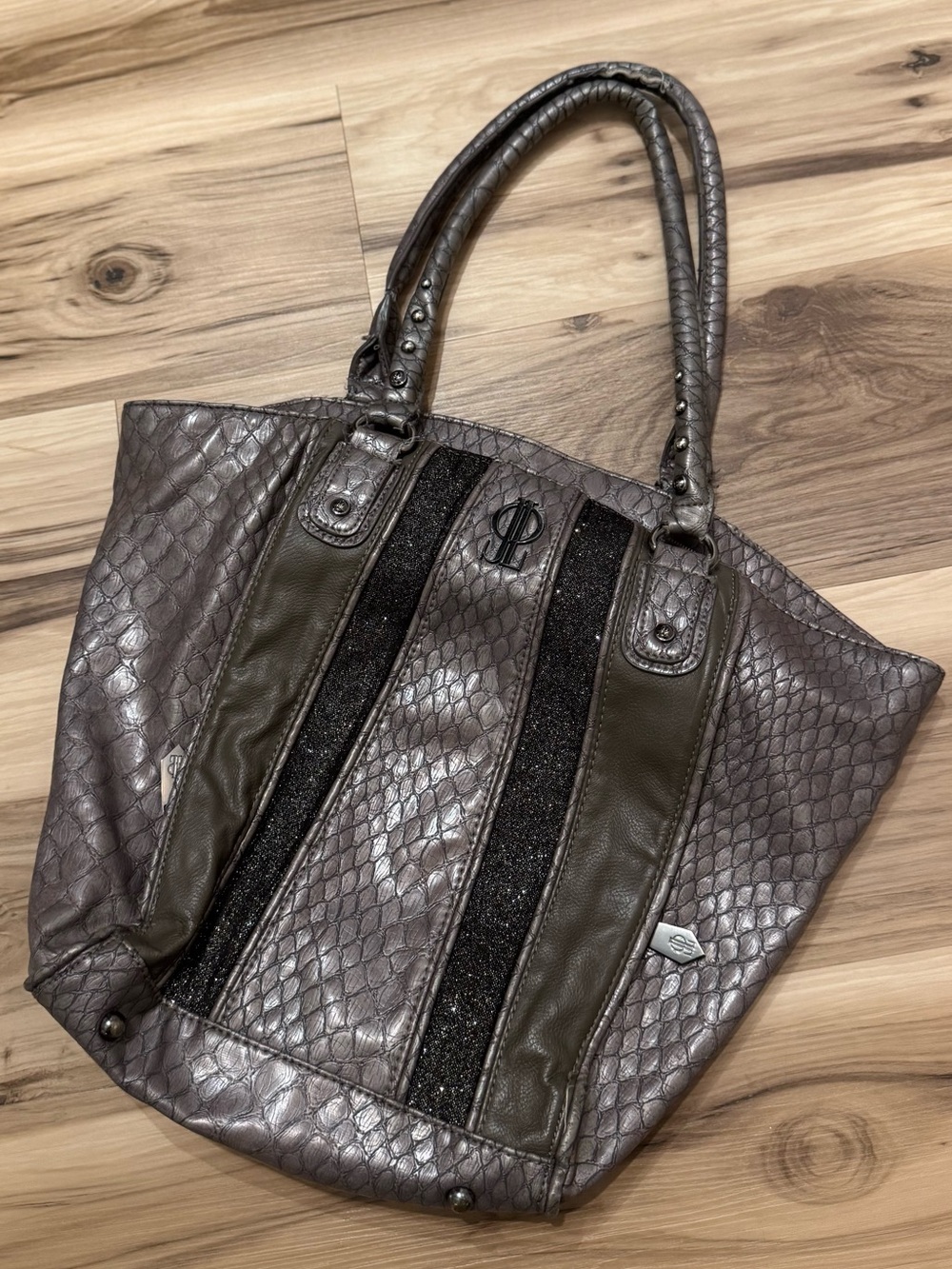 JLO Metallic Gray Studded Leather Croc Skin Tote Bag Glitter Trim 2010s